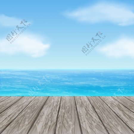 木桥与海天一色风景矢量图
