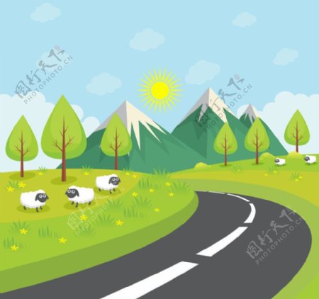 郊外公路风景和绵羊矢量图