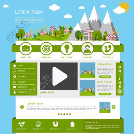 自然生态的绿色能源网站设计模板布局界面矢量插画