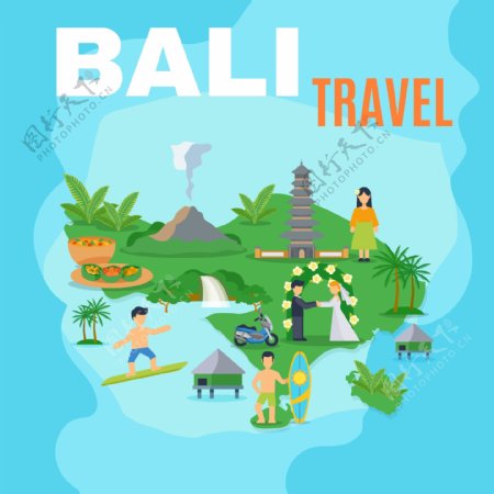 巴厘岛特色旅行风景插画