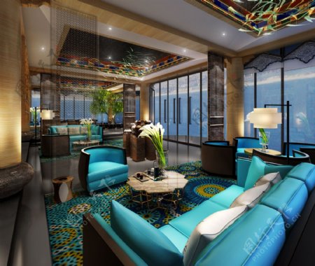 现代大气时尚酒店大厅宝蓝色沙发工装效果图