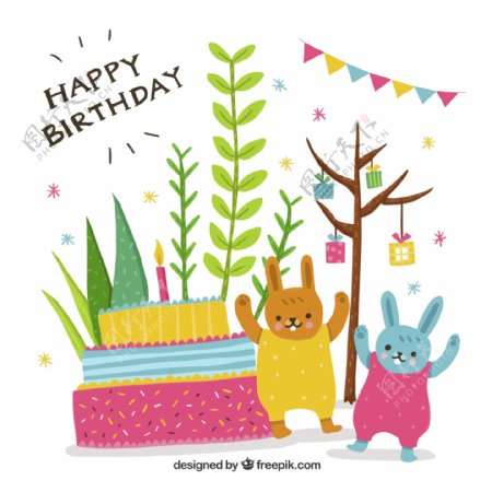 生日快乐背景手绘的兔子和蛋糕