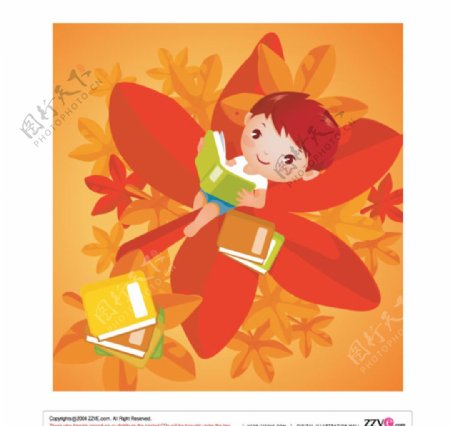 秋季枫叶上读书的可爱男孩