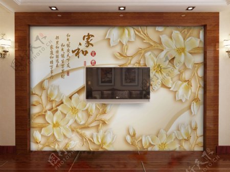 中式背景墙3D样机效果图