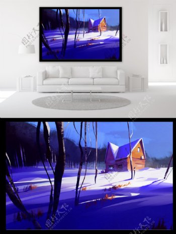 冰雪世界中的小木屋油画装饰画