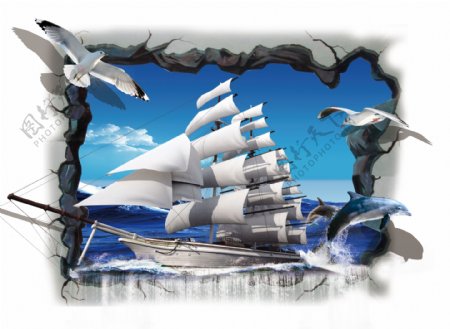 3D帆船背景墙