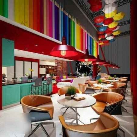 现代时尚餐厅彩色空间装修效果图