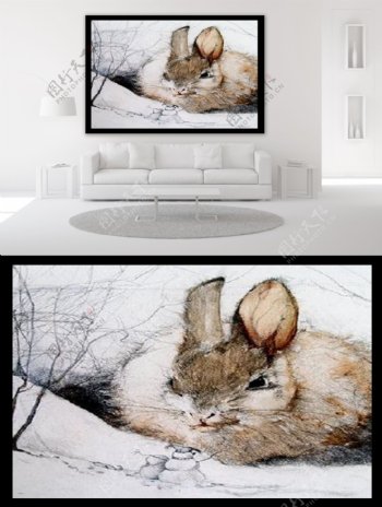 寒冬中的兔子线描水彩油画装饰画