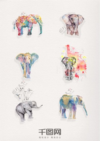 一组精美水彩动物大象设计素材