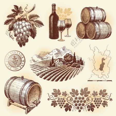 棕色手绘葡萄酒卡通矢量素材