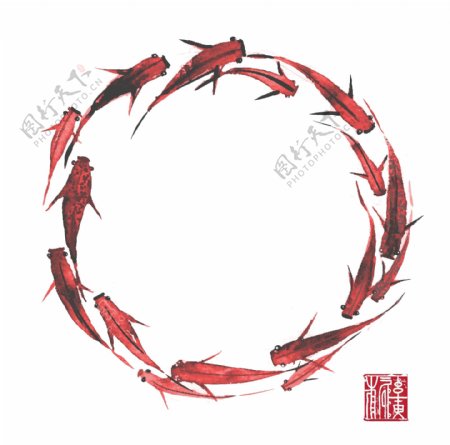 新中式水墨画红鲤鱼素材元素印章传统风格