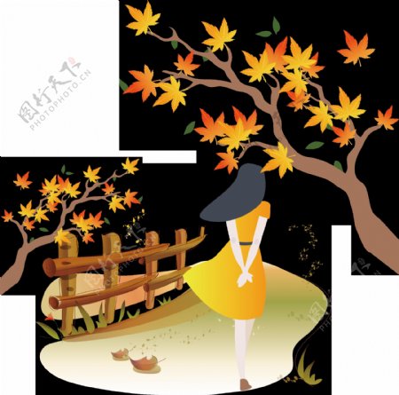 卡通手绘秋季落叶女子png元素素材