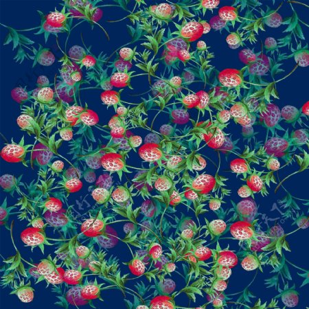 高清油画草莓元素数码印花面料定位印花