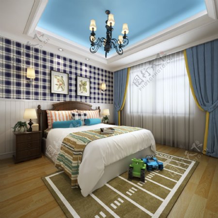 美式清新卧室深蓝色格子背景墙室内装修图