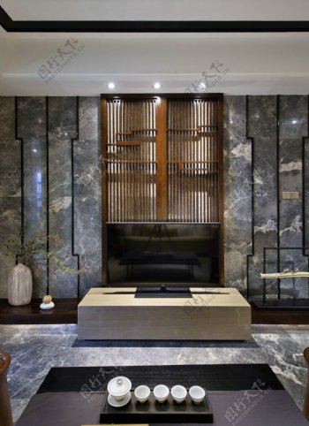现代时尚奢华客厅木制镂空电视柜室内装修图