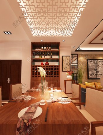 新中式风格餐厅雕花家装效果图