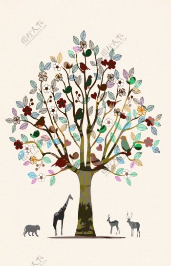 彩色手绘树叶小鸟动物装饰画