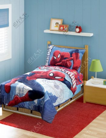 漫威主题蜘蛛侠男生卧室床背景墙装修效果图片