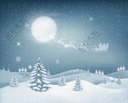 冬季下雪的夜晚和奔腾的圣诞麋鹿