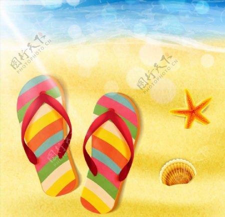 沙滩上的彩虹拖鞋矢量素材
