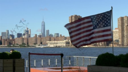 美国国旗曼哈顿天际线