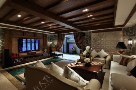 新中式时尚客厅白色实木沙发室内装修效果图