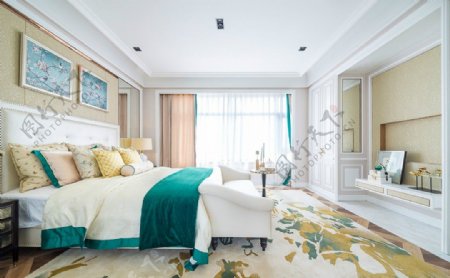 现代清新卧室宝绿色毯子室内装修效果图
