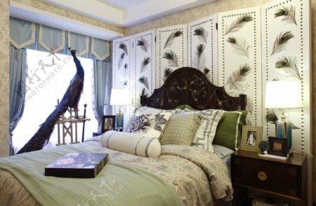 中式优雅时尚卧室背景墙效果图