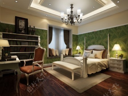 美式简约卧室墨绿花纹背景墙室内装修效果图