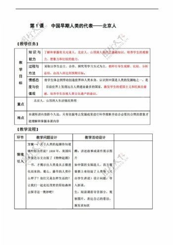 七年级上册历史第1课中国早期人类的代表北京人教案表格式