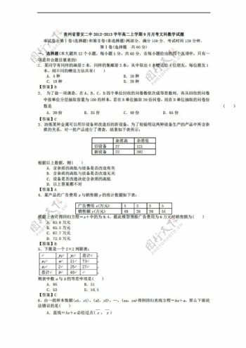 数学人教新课标A版贵州省普安二中上学期9月月考文科试题