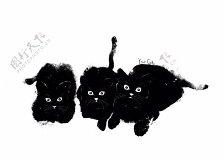 原创手绘黑色猫咪装饰画素材