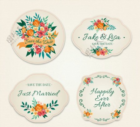 4款彩色花卉婚礼标签矢量素材