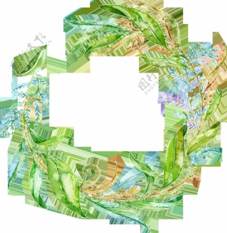 旋转绿色树叶花环卡通水彩透明素材