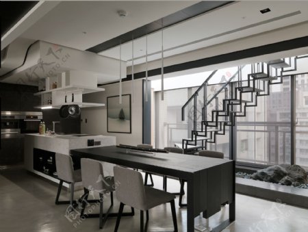 现代大户型黑色铁艺楼梯室内装修效果图