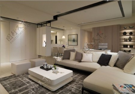 现代时尚客厅深色花纹地毯室内装修效果图