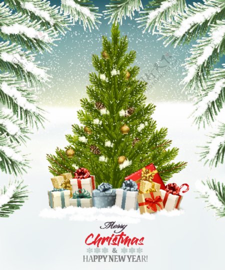 精美圣诞树圣诞礼物节日插画图