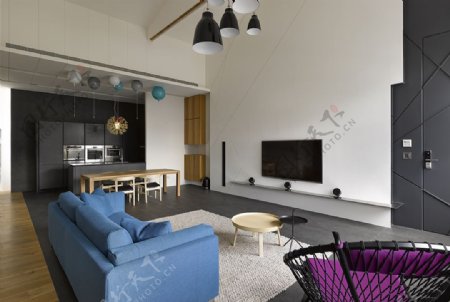 现代客厅蓝色沙发效果图