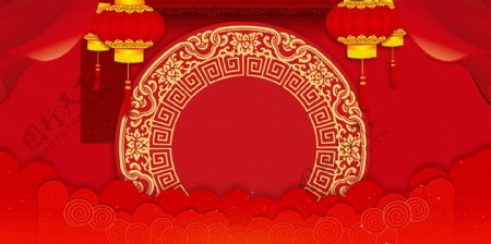 中式大红色新年背景展板背景广告背景