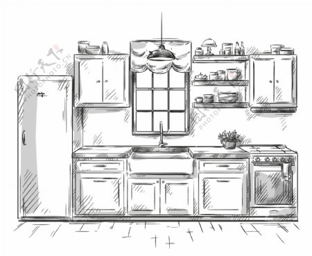 黑白手绘家具厨柜插画