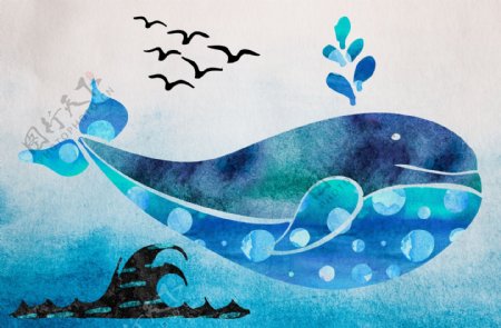 色彩缤纷鲜艳的鲸鱼海装饰画PSD模板