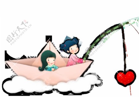 两个女孩坐在云上纸船钓心美图png
