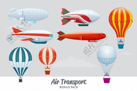 空中气垫船和热气球旅行矢量素材