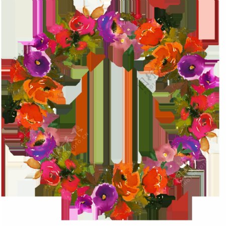 手绘三色花卉花环png透明素材