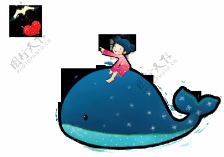彩绘卡通小女孩鲸鱼图