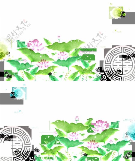 中国风设计手绘荷花背景透明装饰素材