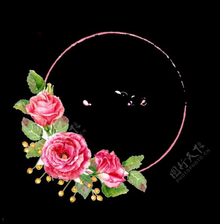 浪漫玫红色玫瑰花手绘花环装饰元素
