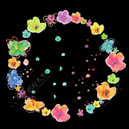 彩色花朵圆形手绘花环装饰元素