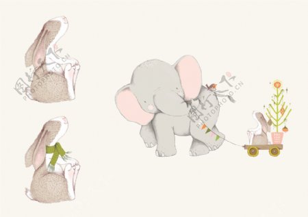 可爱卡通的大象和兔子插画