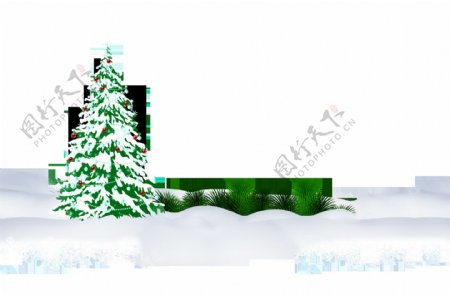 绿色圣诞树雪景png元素